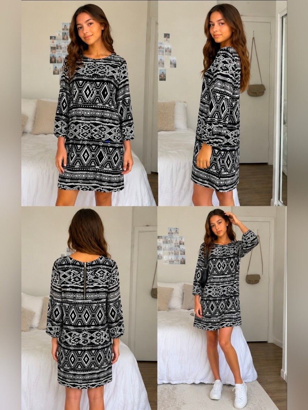 NWOT H&M geometric print, knee length, 3/4 sleeve, zippered back dress Sz 2